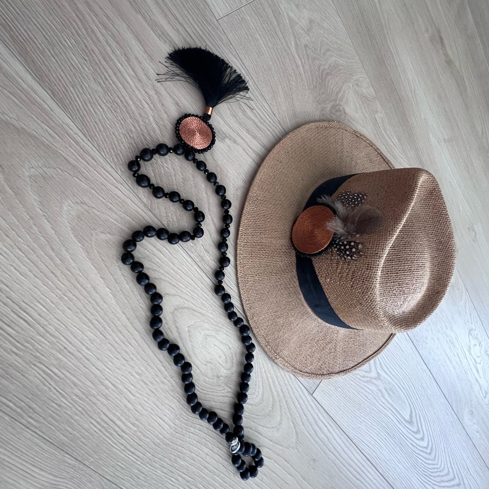 Stylish Tan Hat with Black Beaded Necklace